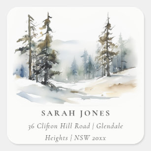 Winter Pine Tree Snow Landscape Wasserfarbene Adre Quadratischer Aufkleber
