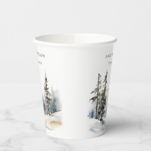 Winter Pine Tree Snow Landschaft Wasserfarbene Hoc Pappbecher (Links)