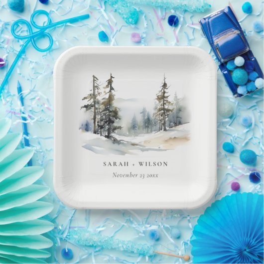 Winter Pine Tree Snow Landschaft Wasserfarbene Hoc Pappteller (Party)