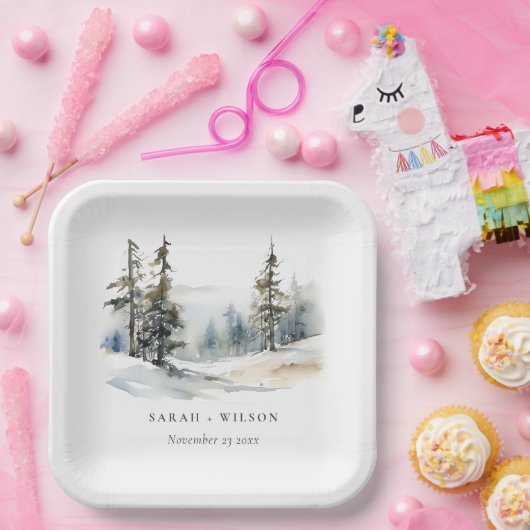 Winter Pine Tree Snow Landschaft Wasserfarbene Hoc Pappteller (Party)