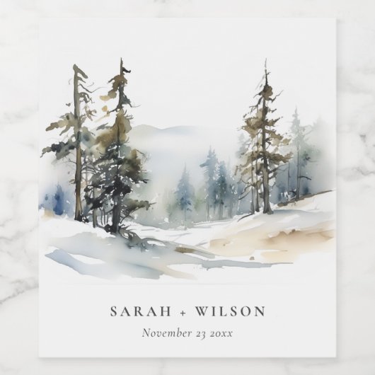 Winter Pine Tree Snow Landschaft Wasserfarbene Hoc Weinetikett (Einzelnes Label)