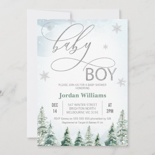 Winter Pine Trees Baby Boy Baby Shower Einladung (Vorderseite)