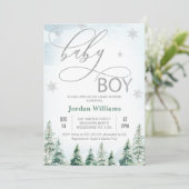 Winter Pine Trees Baby Boy Baby Shower Einladung (Stehend Vorderseite)