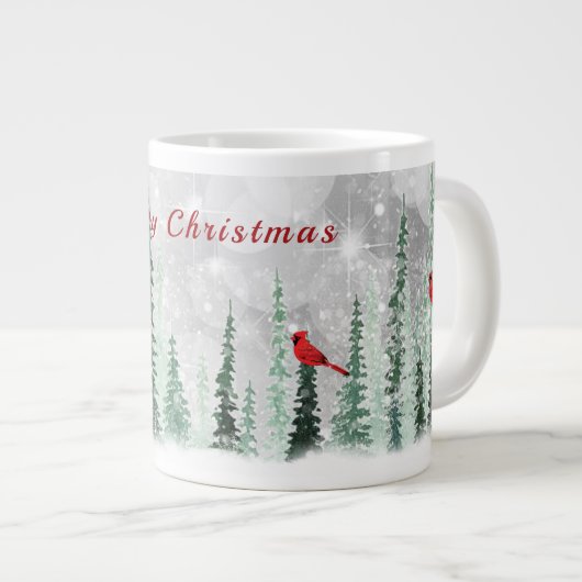 Winter Pine Trees Christmas Red Cardinals Jumbo-Tasse (Vorderseite Rechts)