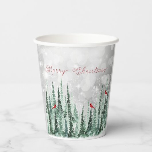 Winter Pine Trees Christmas Red Cardinals Pappbecher (Rückseite)
