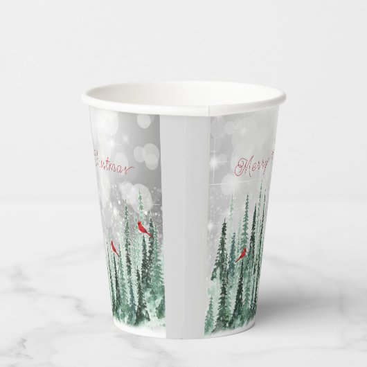 Winter Pine Trees Christmas Red Cardinals Pappbecher (Rechts)