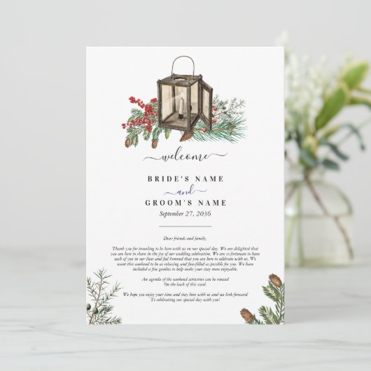 Winter Pine Trees Lantern Hochzeitstag Programm (Stehend Vorderseite)