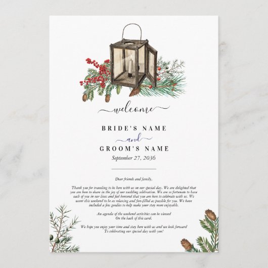 Winter Pine Trees Lantern Hochzeitstag Programm (Vorderseite)
