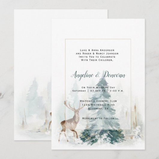 Winter Pine Trees mit Stag Wedding Einladung (Vorne/Hinten)