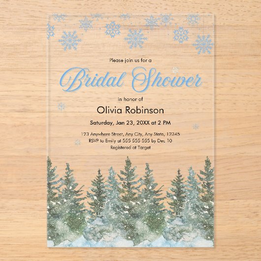 Winter Pine Trees Snowflakes Bridal Shower Acryleinladungen (Vorderseite)