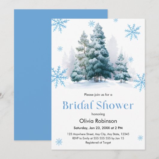 Winter Pine Trees Snowflakes Bridal Shower Einladung (Vorne/Hinten)