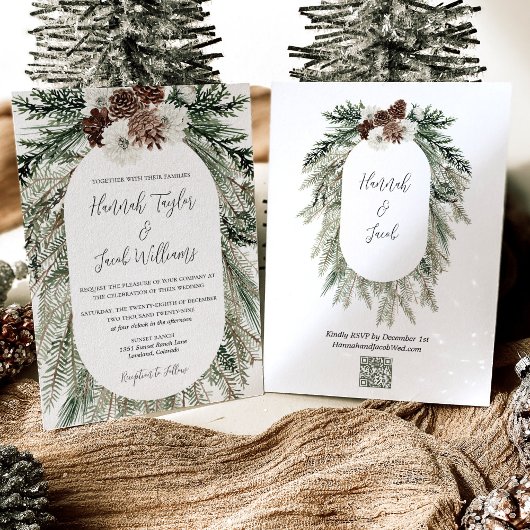 Winter Pine White Floral Wedding mit QR Code UAWG Einladung