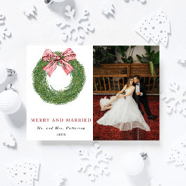 Winter Pine Wreath Merry & Married Photo Christmas Feiertagskarte