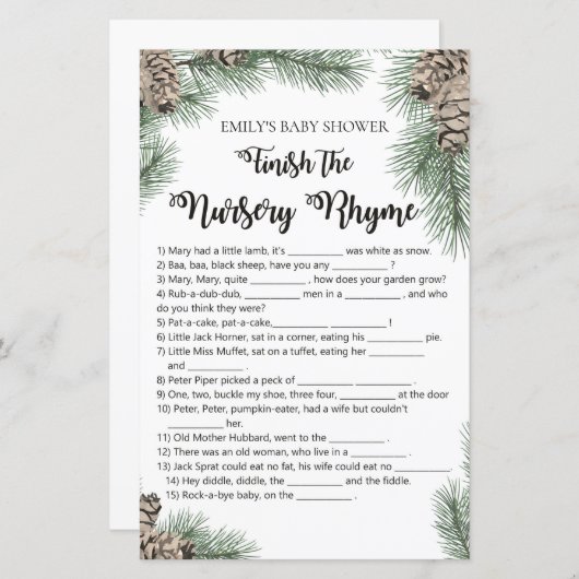 Winter Pinecone Baby Shower Game mit Antwort (Vorne/Hinten)