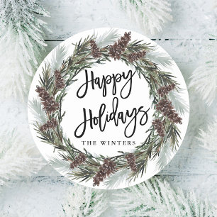 Winter Pinecone Wreath Happy Holiday Runder Aufkleber