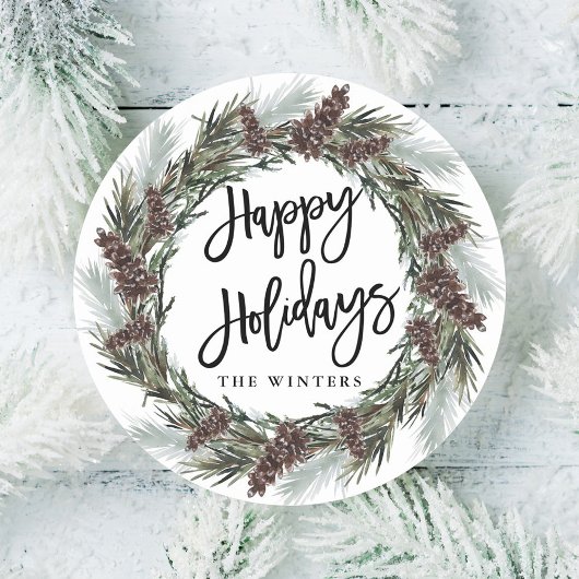 Winter Pinecone Wreath Happy Holiday Runder Aufkleber
