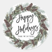 Winter Pinecone Wreath Happy Holiday Runder Aufkleber (Vorderseite)