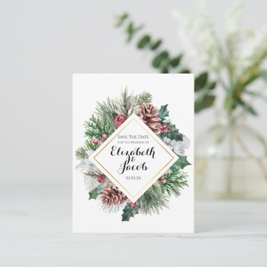 Winter Pinecones and Holly Save the Date Postkarte (Stehend Vorderseite)