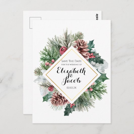 Winter Pinecones and Holly Save the Date Postkarte (Vorne/Hinten)