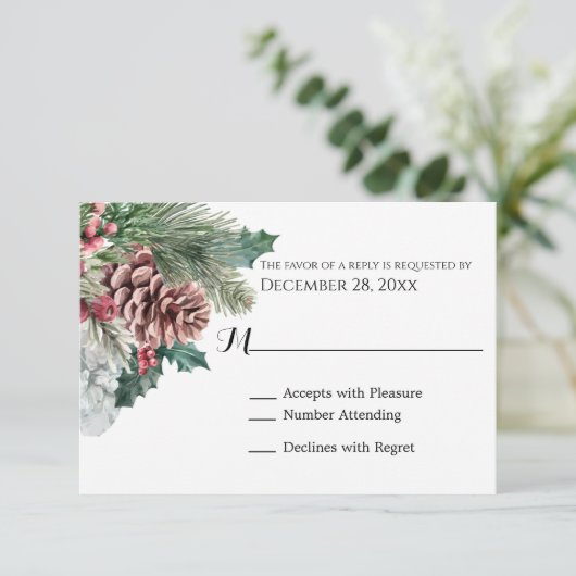 Winter Pinecones und Holly RSVP Card (Stehend Vorderseite)