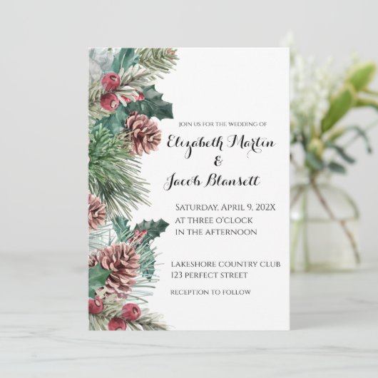Winter Pinecones und Holly Wedding Einladung (Stehend Vorderseite)
