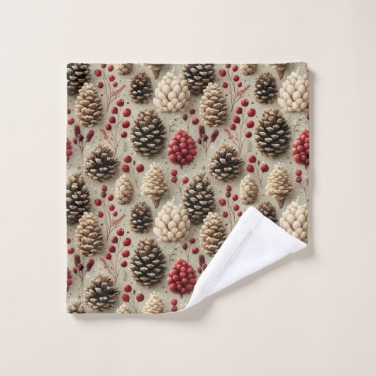 Winter Pinecones und Rote Berries Badhandtuch Set (Waschlappen)