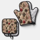 Winter Pinecones und Rote Berries Ofenhandschuh & Topflappen-Set (Vorderseite/Rückseite)