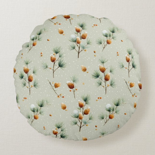 Winter Pinecones und Snowy Branches Rundes Kissen (Vorderseite)