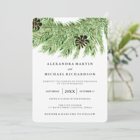 Winter Pines Wedding Einladung (Stehend Vorderseite)