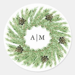 Winter Pines Wedding Monogramm Runder Aufkleber
