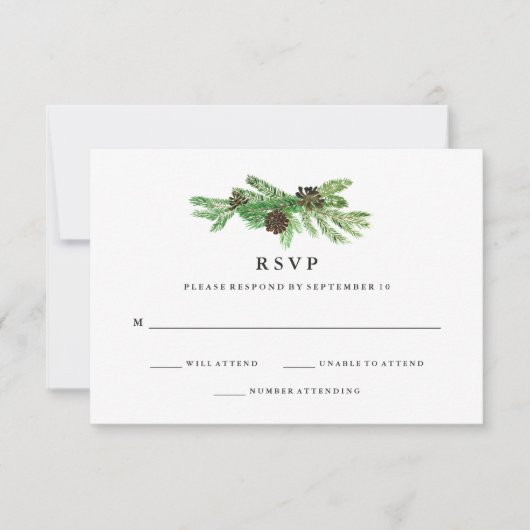 Winter Pines Wedding RSVP Karte (Vorderseite)
