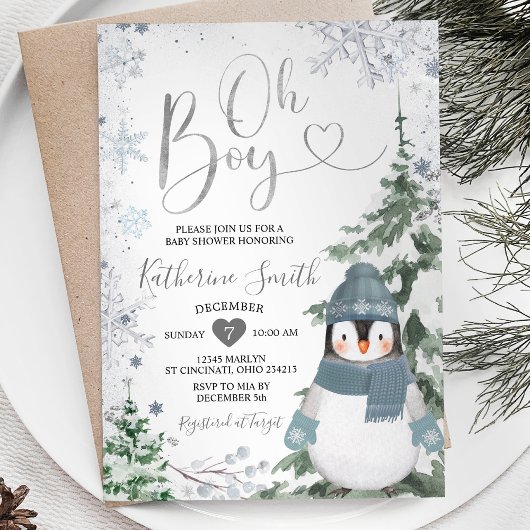 Winter Pinguin Baby Dusche Silberschneeflocken Einladung