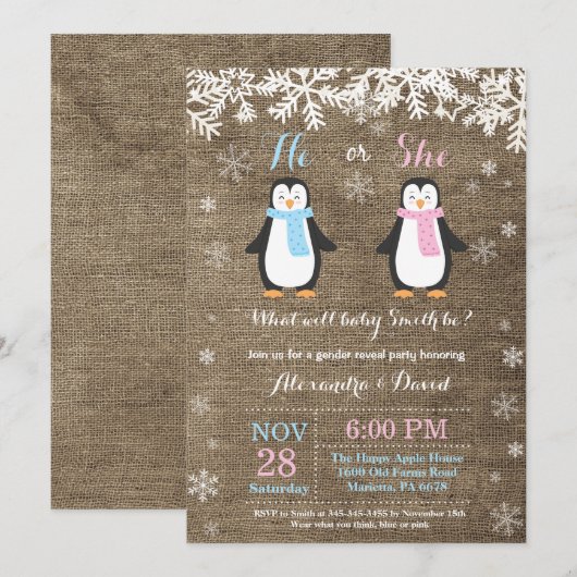 Winter-Pinguin-Bärengeschlecht: Einladung (Vorne/Hinten)