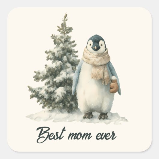 Winter-Pinguin „Beste Mutter überhaupt“ Design Quadratischer Aufkleber (Vorderseite)