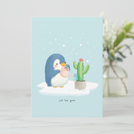Winter Pinguin Gardener Lasse Liebe wachsen Dankeskarte (Stehend Vorderseite)