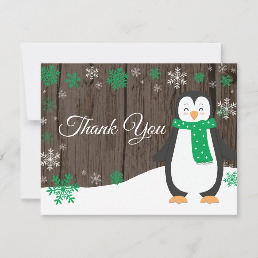 Winter Pinguin Green Snowflake Danke Karte (Vorderseite)