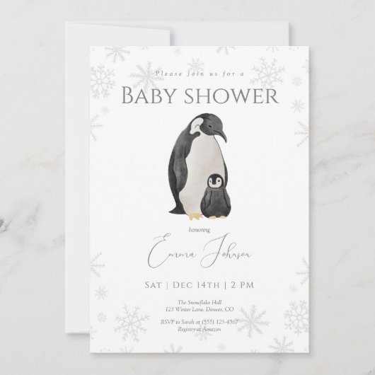Winter Pinguin Kinderdusche Einladung | Snowflake (Vorderseite)