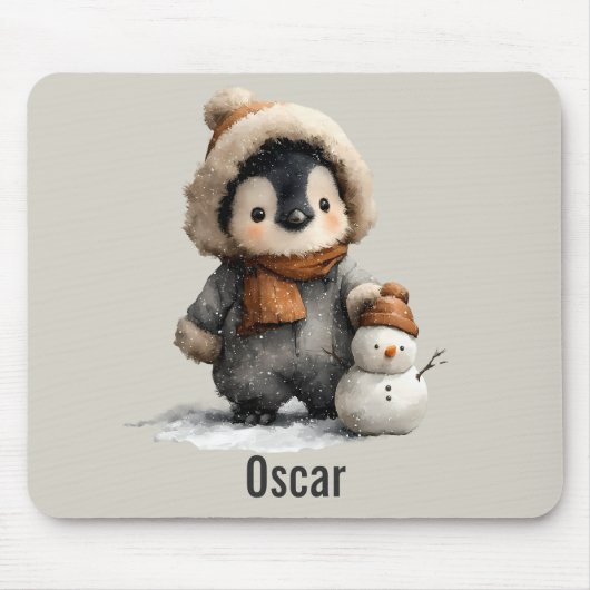 Winter-Pinguin mit Schneemann-Design Mousepad (Vorne)