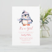 Winter Pinguin pink Baby Dusche Einladung (Stehend Vorderseite)