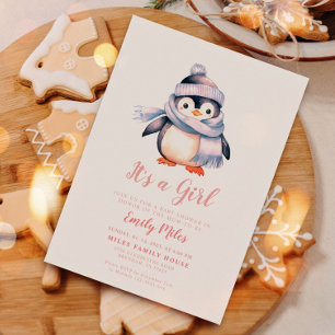 Winter Pinguin pink Baby Dusche Einladung