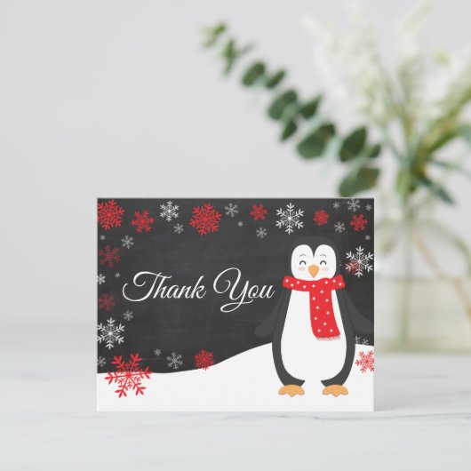 Winter Pinguin Snowflake Red Danke Karte (Stehend Vorderseite)