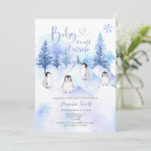 Winter Pinguin Snowflakes Mountain Baby Dusche Einladung (Stehend Vorderseite)