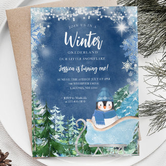 Winter Pinguin Snowflakes Onederland 1. Geburtstag Einladung