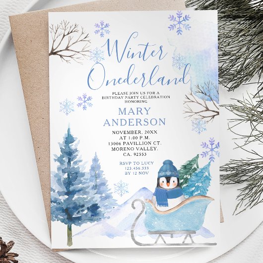 Winter Pinguin Snowflakes Onederland 1. Geburtstag Einladung