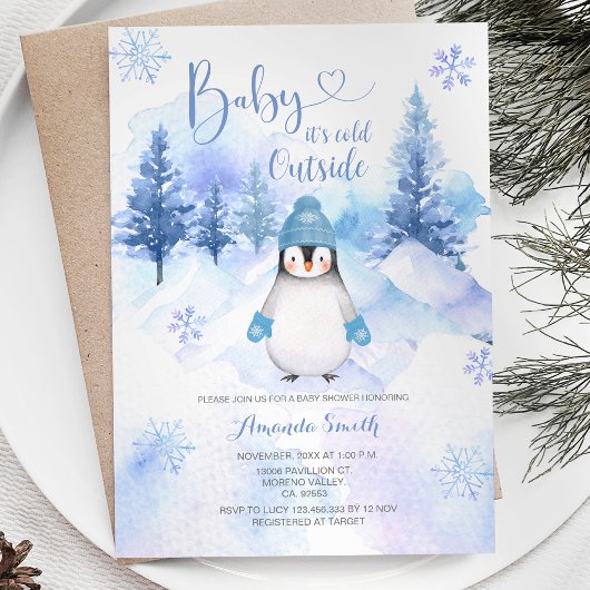 Winter Pinguin Snowflakes Silver Blue Baby Dusche Einladung