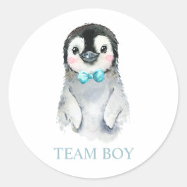 Winter Pinguin Team BOY Gender Reveal Game Label Runder Aufkleber