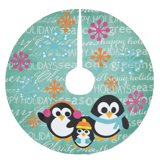 Winter Pinguine Happy Holidays Tree Skirt Polyester Weihnachtsbaumdecke (Vorderseite)