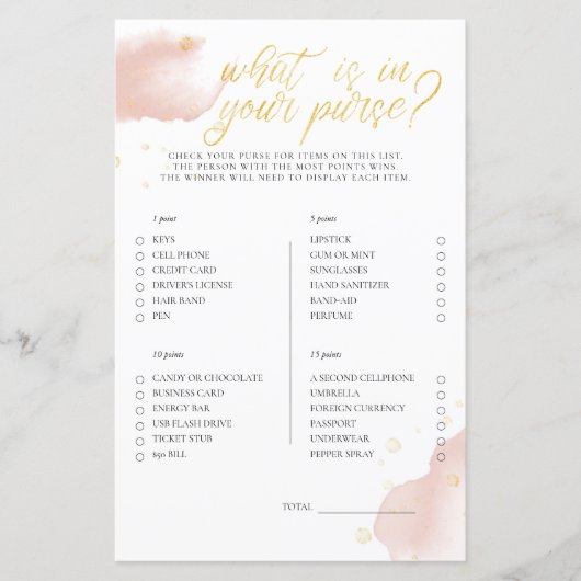 Winter Pink Baby Dusche Spiel, was in Ihrer Tasche (Vorderseite)