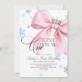 Winter Pink Bow 1st Birthday Party Einladung (Vorderseite)