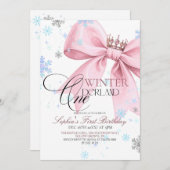 Winter Pink Bow 1st Birthday Party Einladung (Vorne/Hinten)